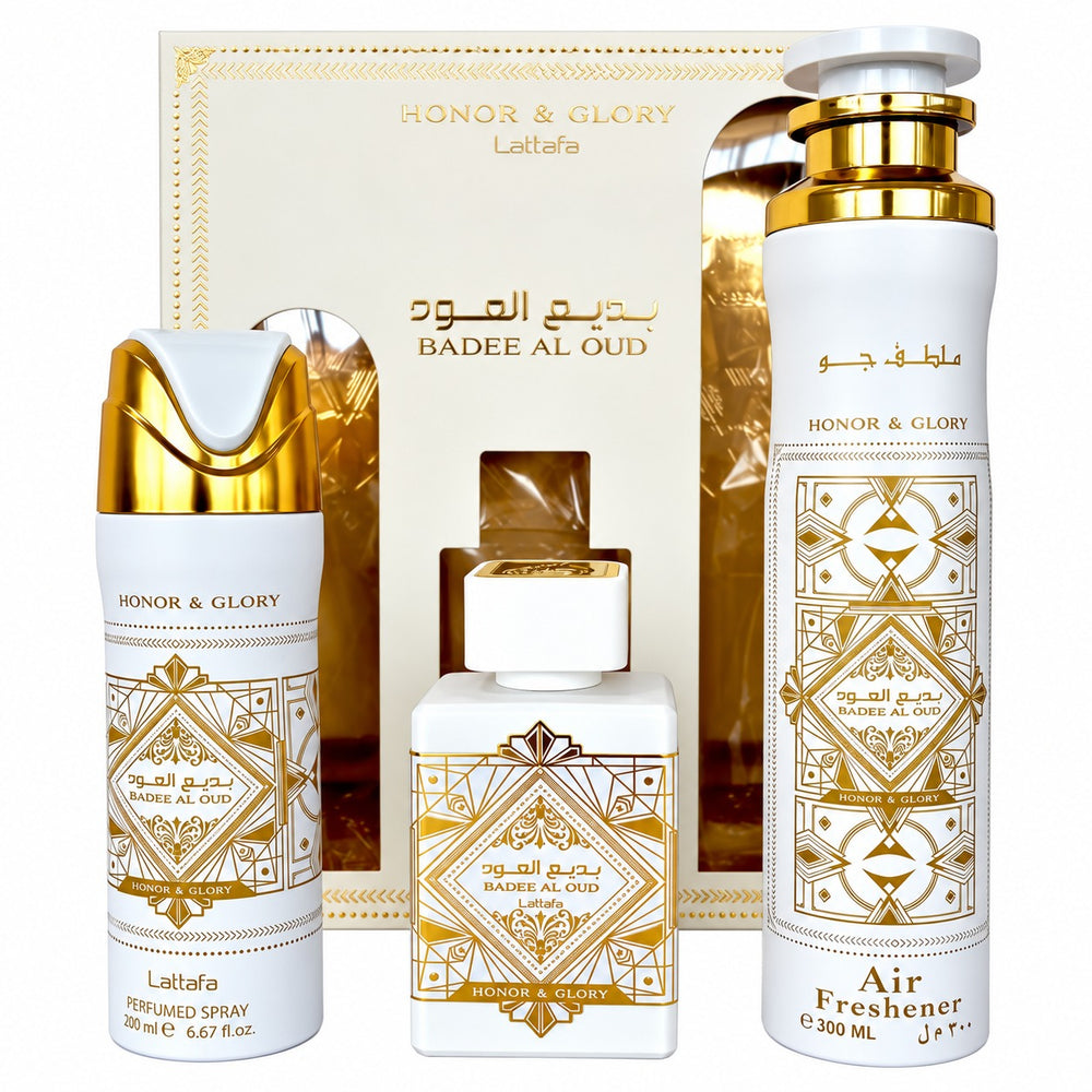 Lattafa Honor & Glory, set 3 piese Set EDP 100 + deo 200 + cameră 300 ml