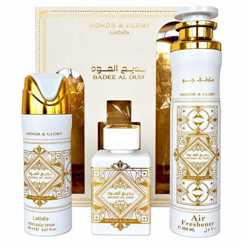 Lattafa Honor & Glory, set 3 piese: EDP 100 + deo 200 + cameră 300 ml