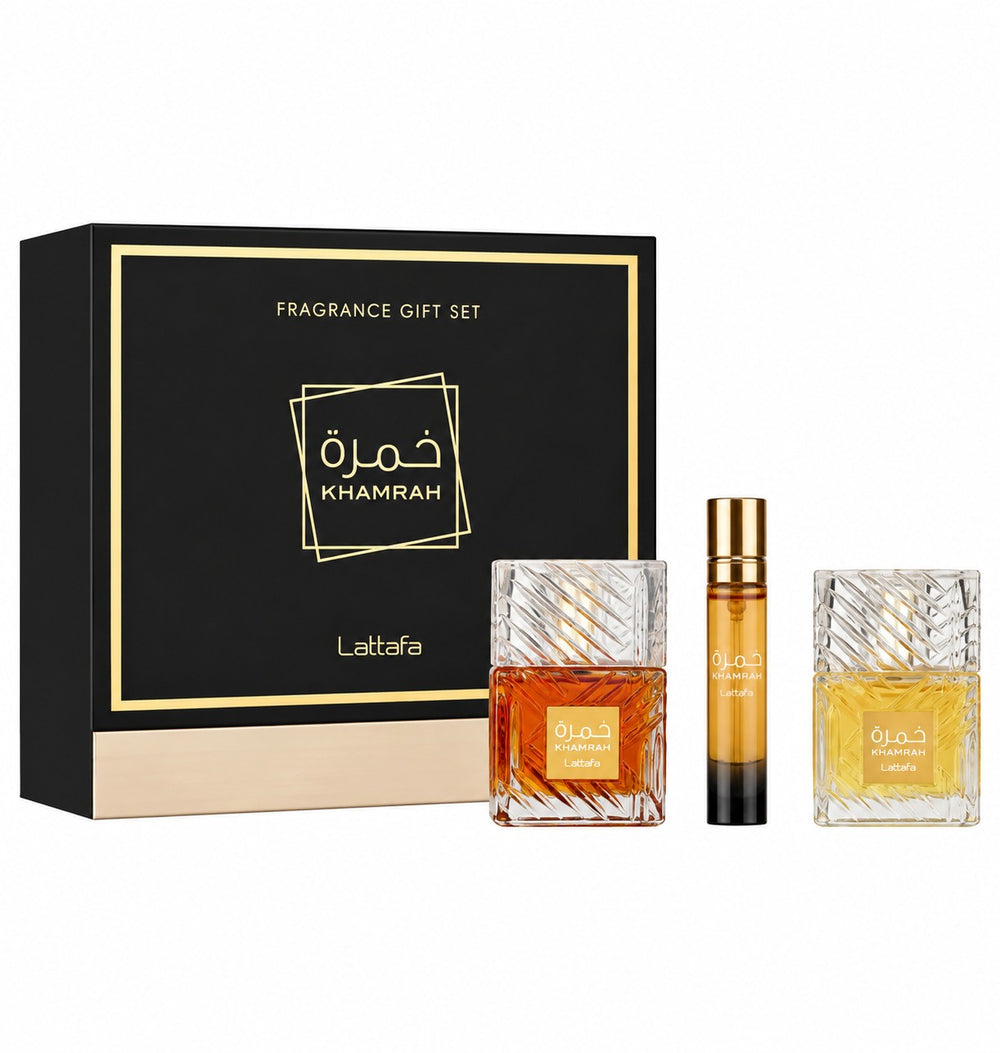 Lattafa Khamrah, set 3 piese Set EDP 100 ml + EDP 12 ml + hair mist 50 ml