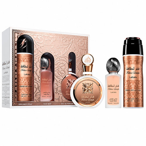 Lattafa Fakhar Woman, set 3 piese: EDP 100 + deo 200 + păr 50 ml