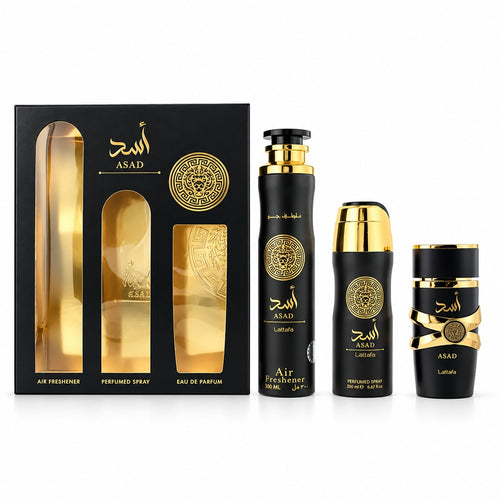 Lattafa Asad, set 3 piese: EDP 100 + corp 200 + cameră 300 ml